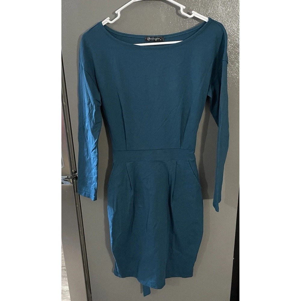 Pretty‎ Garden Belted Shirt Dress Crew Neck Bodycon Teal Green Women's Small EUC